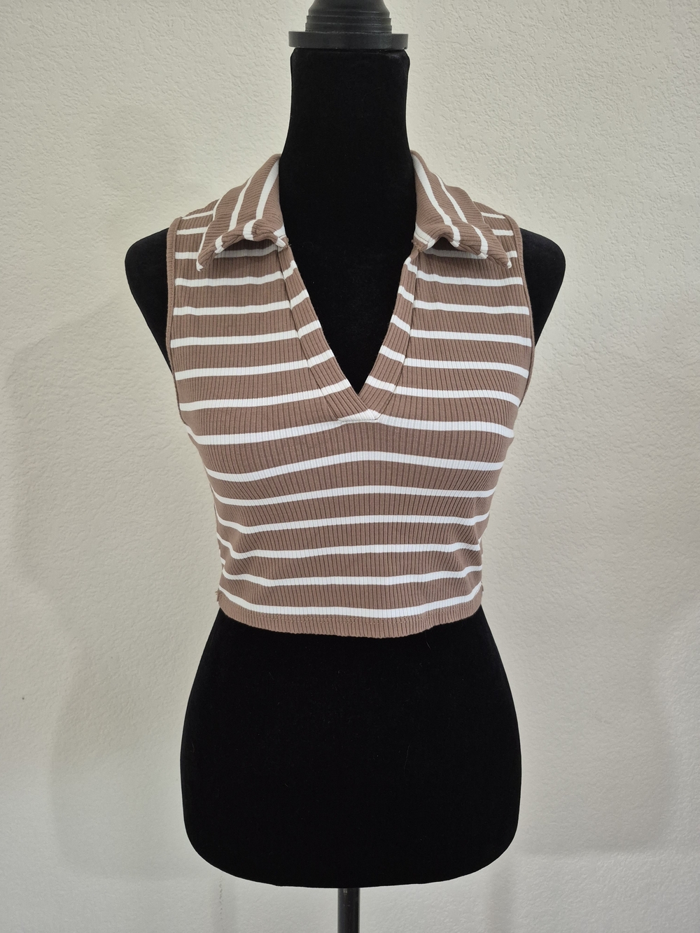 Striped Brown & White Collared V-Neck Crop Top